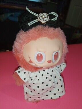 Labubu Doll outfit wearing a Polka Dot Dress And Black Bow Barrette